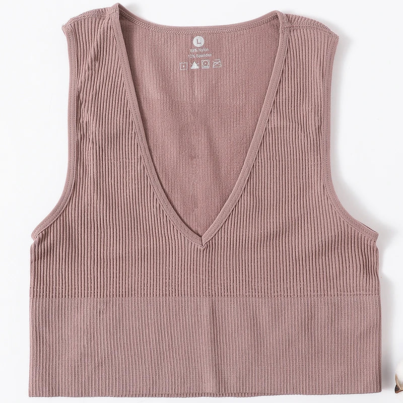 Women Crop Top Sports Bras Sexy Tank Top Female Seamless Underwear V-Neck Camisole Sexy Lingerie Solid Color Vest Top M-XL