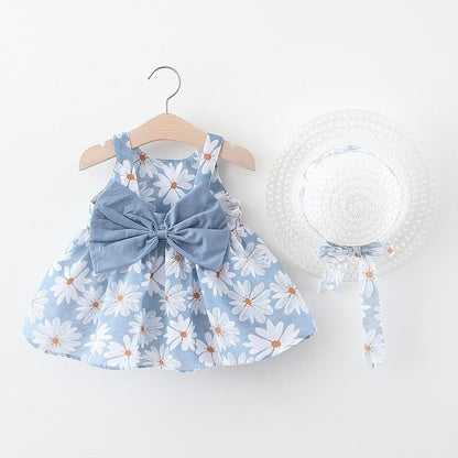 Luxury Modern Elegant Summer Bow Print Dress With Hat 2 piece Baby Clothes Suits Newborn Toddler Dress