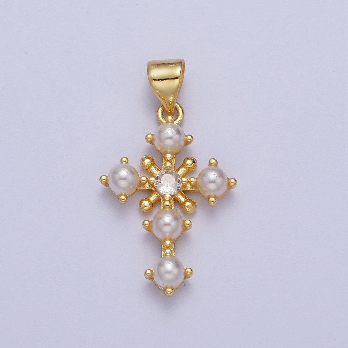 24K Gold Filled CZ Shell Pearl Religious Cross Pendant | H663