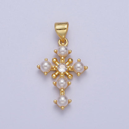 24K Gold Filled CZ Shell Pearl Religious Cross Pendant | H663