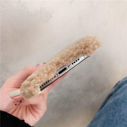 Cute Brown Bear Plush Phone Case For Iphone 14 11 12 13 Pro Max 7 8 X XS Max XR SE2 Autumn And Winter Shockproof Full Case Cover Cute Bear Animal Winter Warm Plush Fabric Phone Case