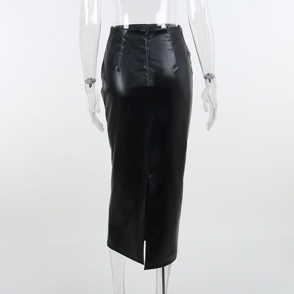 Women Autumn Sexy High Waist Bodycon Skirt Fashion Adults Slim-fit Solid Color Slit Leather Long Skirt Black/White