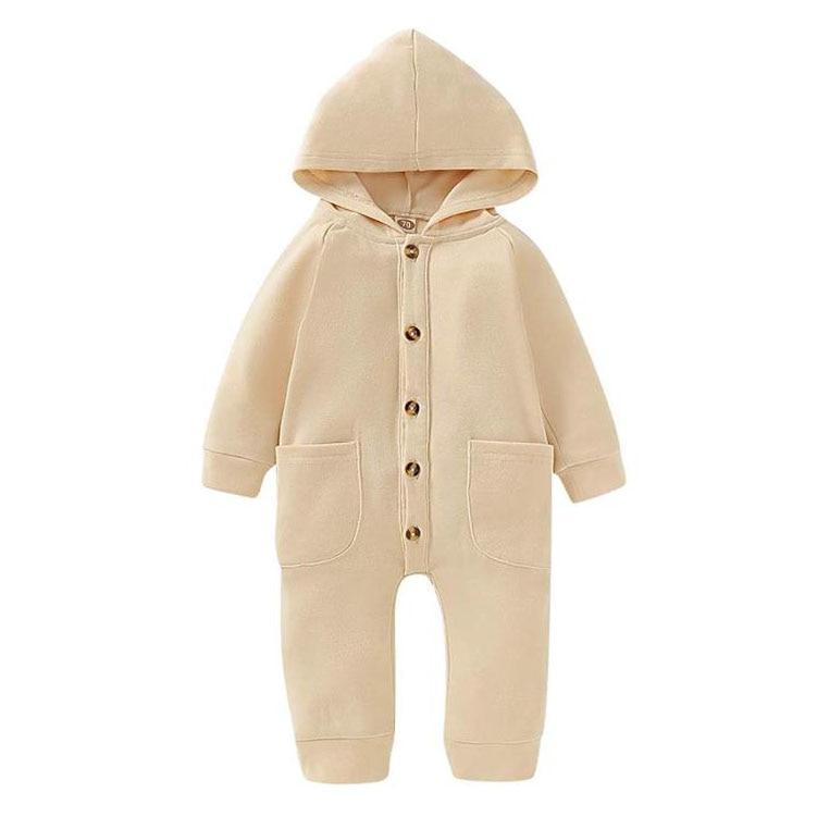 Newborn Clothing Solid Long Sleeve Hooded Button Pockets Romper Winter Warm Jumpsuit for Girls and Boys