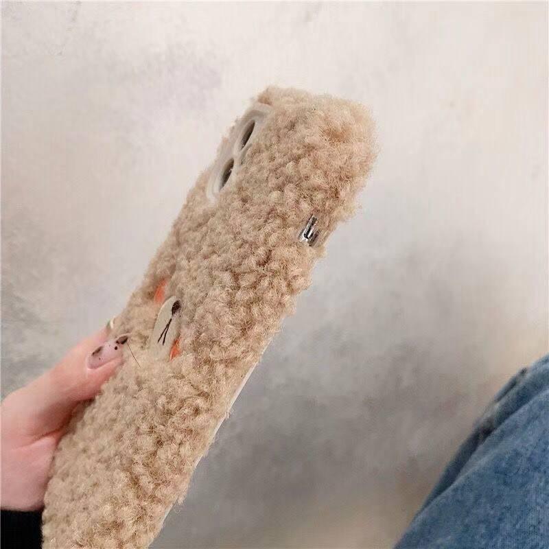 Cute Brown Bear Plush Phone Case For Iphone 14 11 12 13 Pro Max 7 8 X XS Max XR SE2 Autumn And Winter Shockproof Full Case Cover Cute Bear Animal Winter Warm Plush Fabric Phone Case