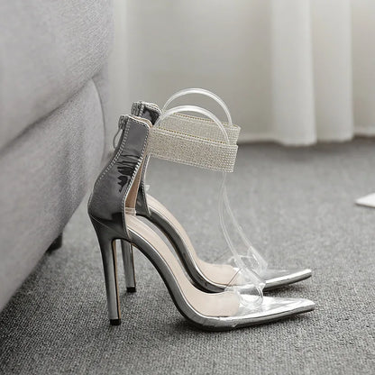 Summer New Crystal Ankle Strap Sandals Women Sexy Open Toe PVC Zipper Thin High Heels Sandals Female Wedding Shoes 2020