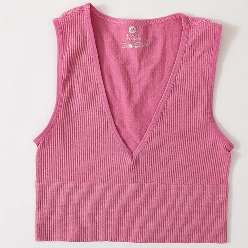 Women Crop Top Sports Bras Sexy Tank Top Female Seamless Underwear V-Neck Camisole Sexy Lingerie Solid Color Vest Top M-XL