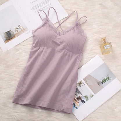 Women Vertical Rib Long Camisole With Crisscross Thin Straps Romantic Lace Trim V Neck Built-In Chest Pads Daily Inner Sling Top