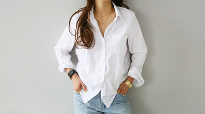 S-3XL Spring One Pocket Women White Blouse Female Shirt Tops Long Sleeve