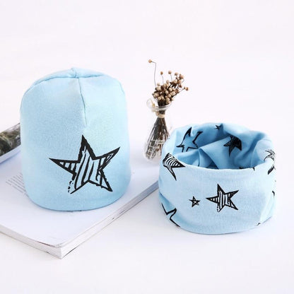 Star Print Cotton Hat And Scarf  Baby Beanie Kids Caps Children&