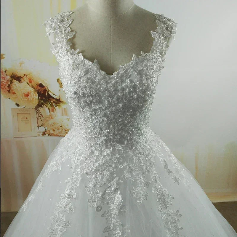 Pearl Ball Gown Wedding Dress - Spaghetti Straps Customizable | Femstylo
