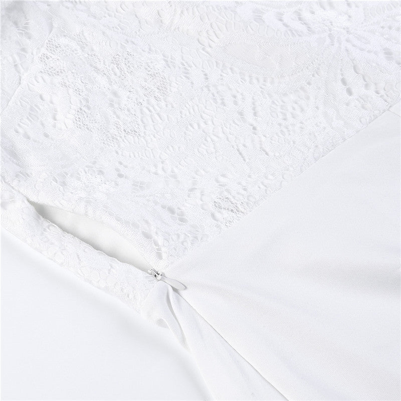Women Summer Off Shoulder Sexy Playsuits Long Sleeve Sheer Lace Patchwork Hollow Skinny Playsuits