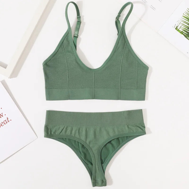 Women Seamless Bra And Panties Set Low Rise Thongs U-Shape Back Crop Top Bralette Comfort Sport Underwear Sexy Lingerie Set
