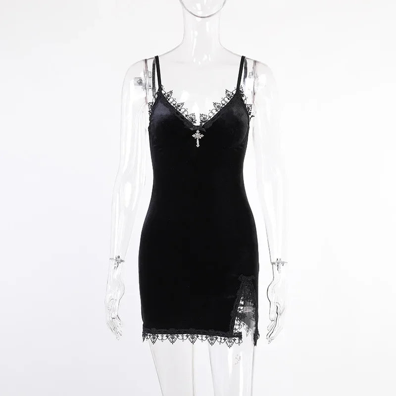 Goth Cross Mini Dress | Vintage Black Spaghetti Strap Dress -femstylo
