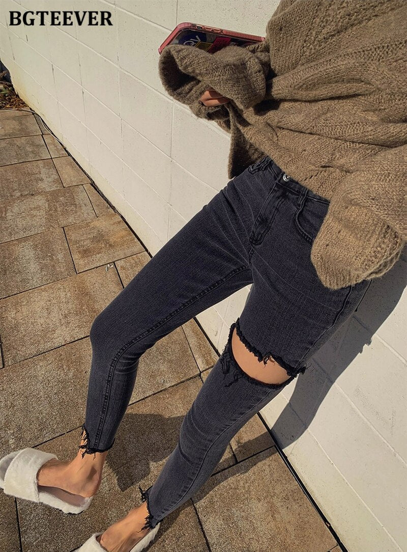 Irregular Ripped Holes Women Pencil Denim Jeans Stylish High Waist Stretched