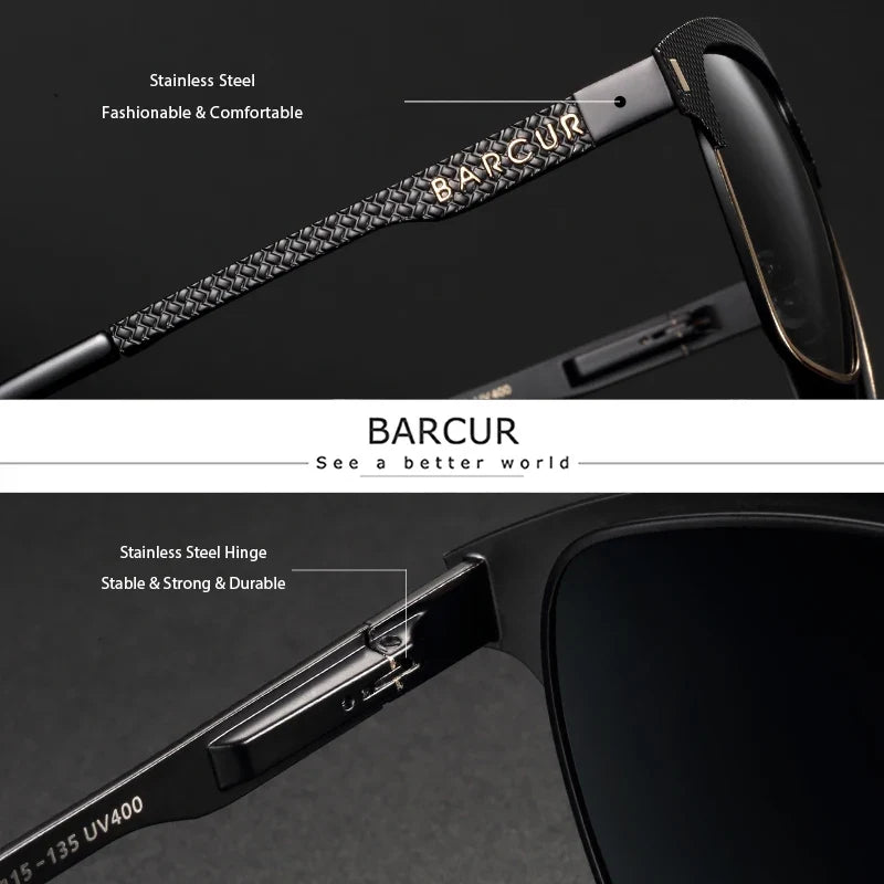 BARCUR Polarized Men’s Sunglasses – Fashionable Square Stainless Steel Frame UV400 Protection Anti-Reflective Outdoor Sports &amp; Driving Eyewear – Original Design Casual Style with Premium Polycarbonate Lenses