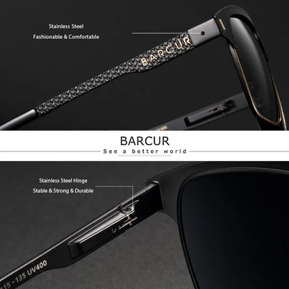 BARCUR Polarized Men’s Sunglasses – Fashionable Square Stainless Steel Frame UV400 Protection Anti-Reflective Outdoor Sports &amp; Driving Eyewear – Original Design Casual Style with Premium Polycarbonate Lenses