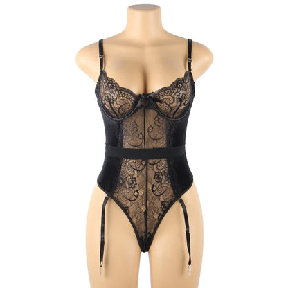 Black Mesh Chain Suspender Bodysuit for Women Sheer Teddy Lingerie Underwire Open Crotch Adjustable Straps with Garter Belt Neck