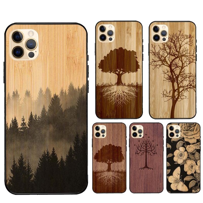 Vintage Tree Flower Bamboo Wood Case For iPhone Pro Max 12 13 min SE For iPhone 13 Shockproof Wooden Texture Protective Cover Unique &amp; Classy Wooden Case