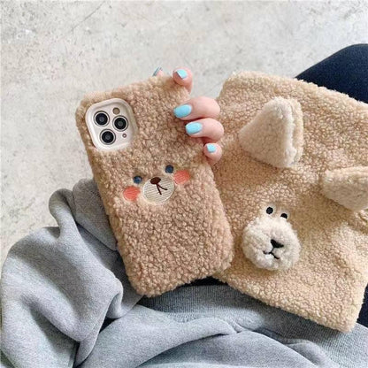Cute Brown Bear Plush Phone Case For Iphone 14 11 12 13 Pro Max 7 8 X XS Max XR SE2 Autumn And Winter Shockproof Full Case Cover Cute Bear Animal Winter Warm Plush Fabric Phone Case