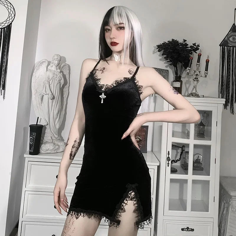 Goth Cross Mini Dress | Vintage Black Spaghetti Strap Dress -femstylo