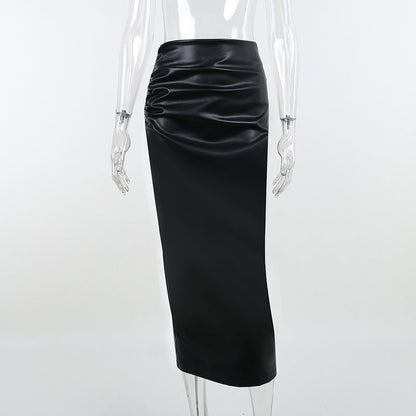 Women Autumn Sexy High Waist Bodycon Skirt Fashion Adults Slim-fit Solid Color Slit Leather Long Skirt Black/White