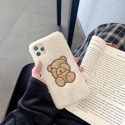 Cute Brown Bear Plush Phone Case For Iphone 14 11 12 13 Pro Max 7 8 X XS Max XR SE2 Autumn And Winter Shockproof Full Case Cover Cute Bear Animal Winter Warm Plush Fabric Phone Case