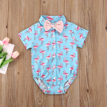 Newborn Boys Bodysuits Bow Short Sleeve Print Single Breasted Jumpsuits Shirt For Baby With Elegant Bow