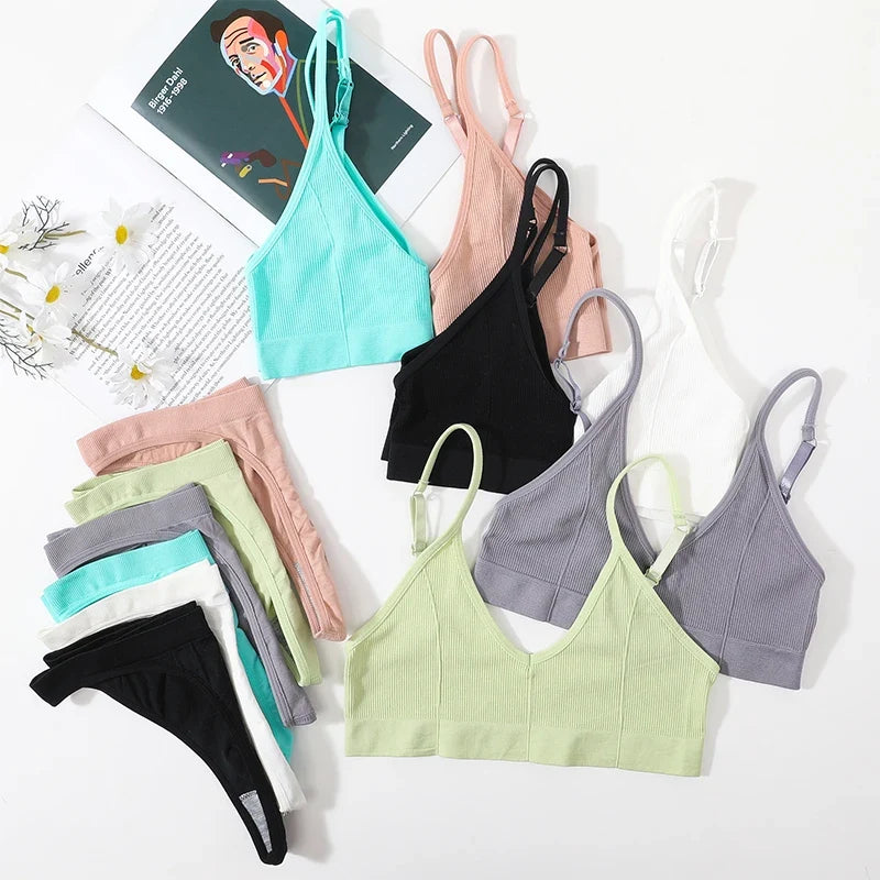 Women Seamless Bra And Panties Set Low Rise Thongs U-Shape Back Crop Top Bralette Comfort Sport Underwear Sexy Lingerie Set