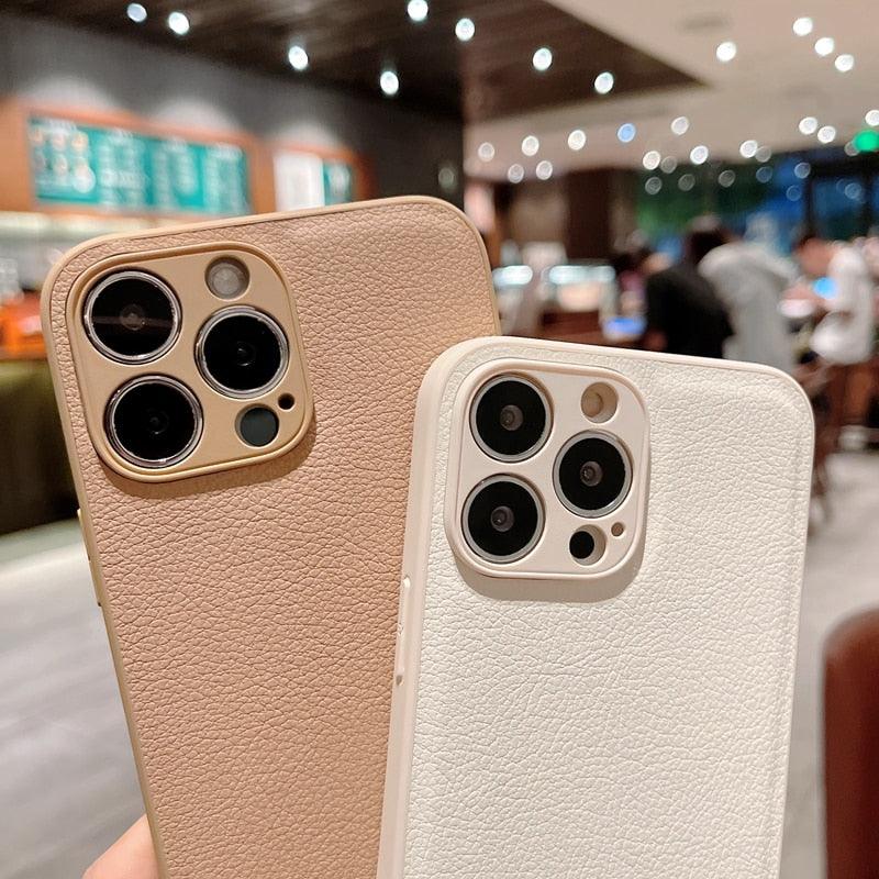 Trendy Slim Leather Case with Full Protection Luxury Leather Textured Case for iPhone 11 12 13 Soft Shockproof Cover Leather Case Compatible with iPhone 12 13 Pro Max Elegant Phone Case
