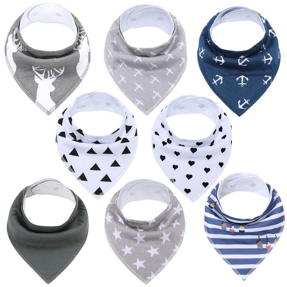 8PCS/SET Comfortable Colorful 100% Organic Cotton Adjustable Snaps Bandana Saliva Bibs For Baby Boys &amp; Girls Kids