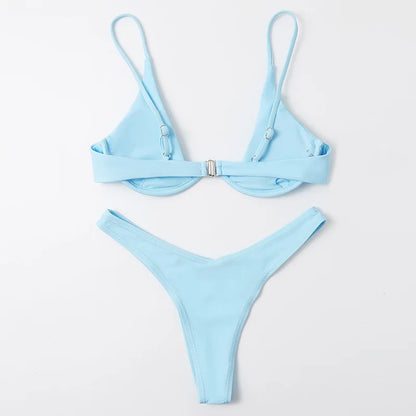 Sexy Underwire Bikini 2026 Mujer Women Solid Red Push Up Bra Thong Swimsuit Haler V Neck Bathing Suit Mini Micro Thong Swimwear