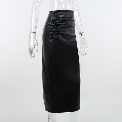 Women Autumn Sexy High Waist Bodycon Skirt Fashion Adults Slim-fit Solid Color Slit Leather Long Skirt Black/White