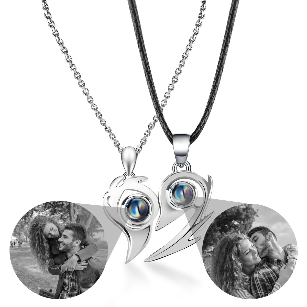 Flame Heart Shaped Custom Photo Projection Couples Necklaces