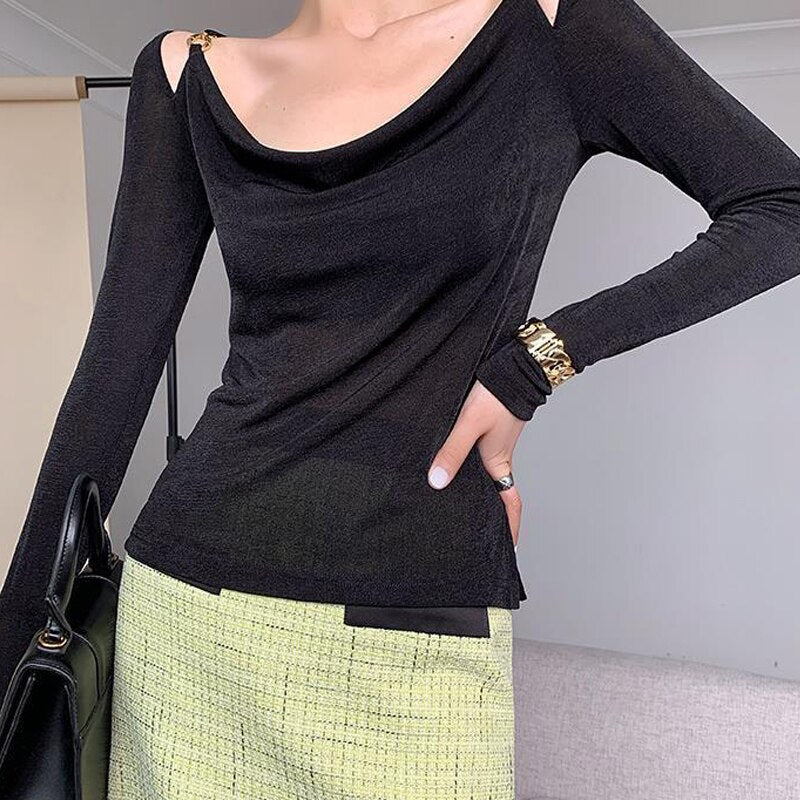 Sexy Swing Collar Cropped Tops Women Autumn  Metal Design Skinny Long Sleeve T-Shirt Outwear