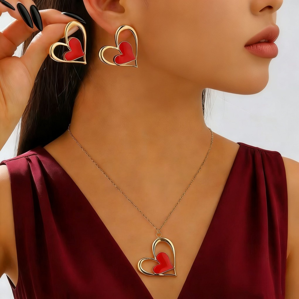 Sweet Hollow Heart Pendant Necklace &amp; Earrings Set