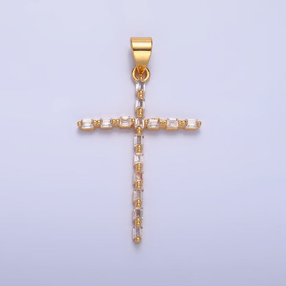 24K Gold Filled 35mm Clear CZ Baguette Religious Cross Pendant | I244
