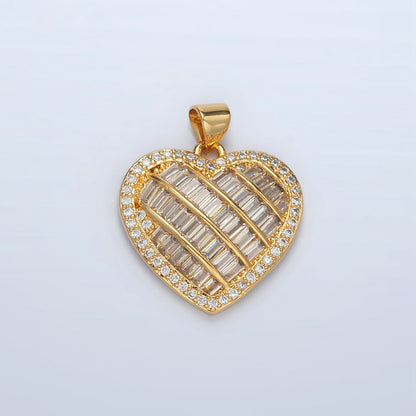 24K Gold Filled 25mm Baguette Micro Paved CZ Lined Heart Pendant | I459
