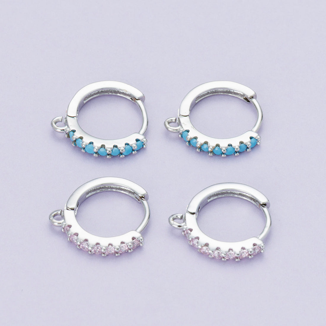 Rhodium Plated 14mm Pink, Turquoise CZ Micro Paved Open Loop Drop Huggie Earrings | Findings-00085