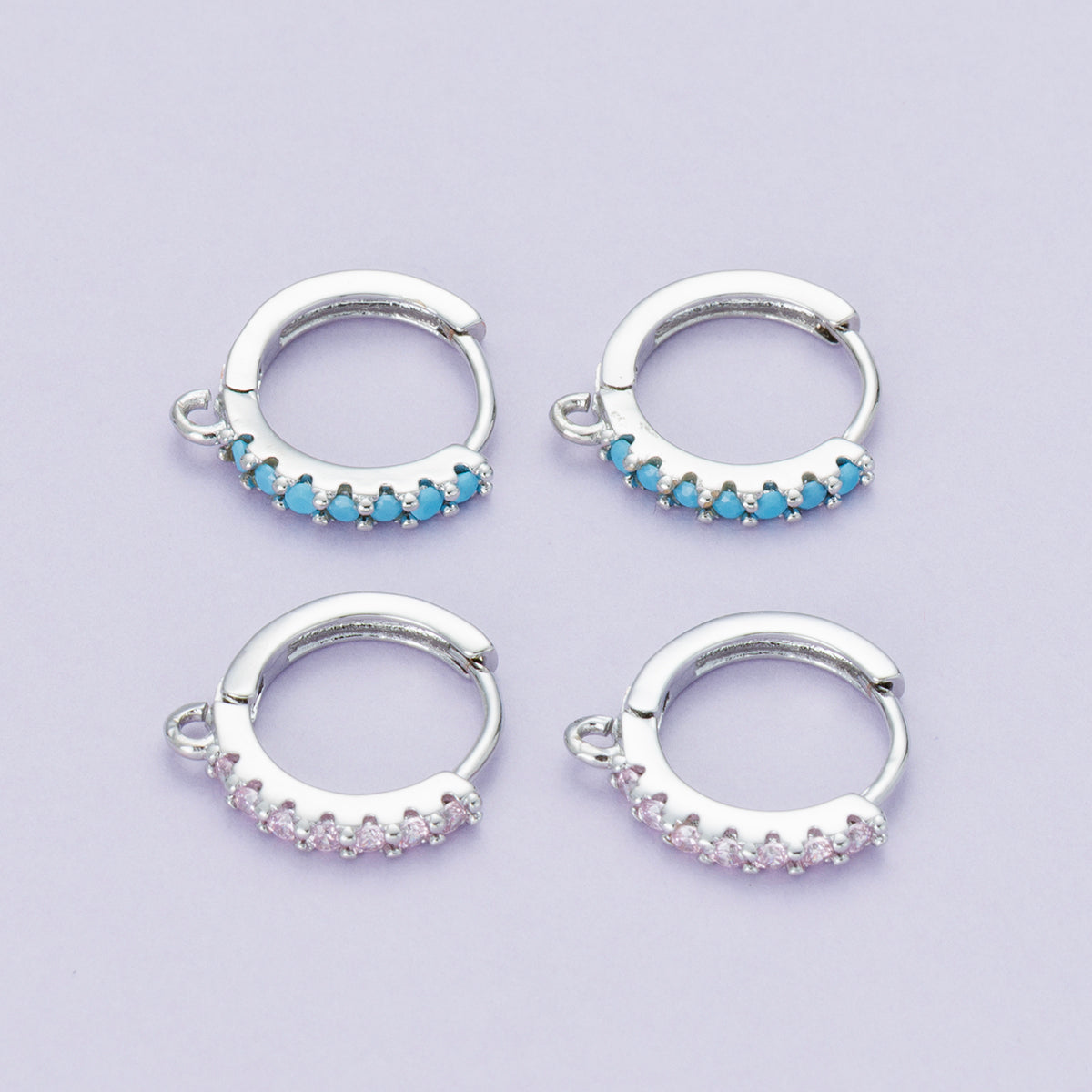 Rhodium Plated 14mm Pink, Turquoise CZ Micro Paved Open Loop Drop Huggie Earrings | Findings-00085
