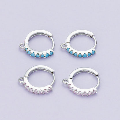 Rhodium Plated 14mm Pink, Turquoise CZ Micro Paved Open Loop Drop Huggie Earrings | Findings-00085