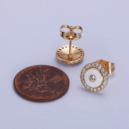 18K Gold Filled 10mm Black, Red, White Enamel Micro Paved CZ Round Stud Earrings | AB290 - AB292