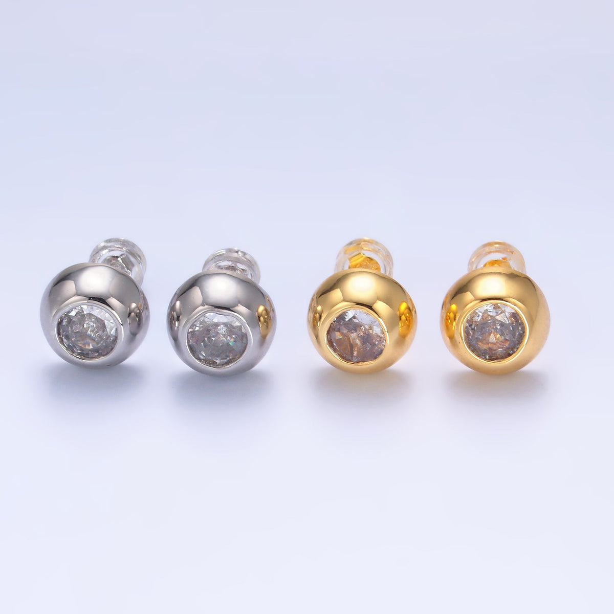 24K Gold Filled 10mm Clear CZ Bezel Round Stud Earrings in Gold &amp; Silver | V230 V489