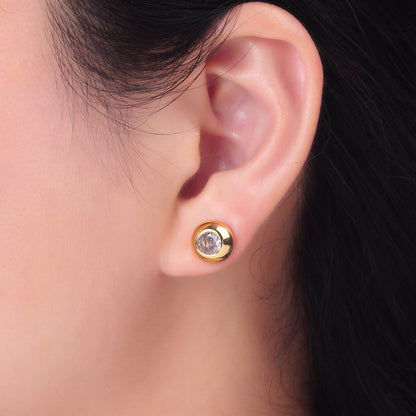 24K Gold Filled 10mm Clear CZ Bezel Round Stud Earrings in Gold &amp; Silver | V230 V489