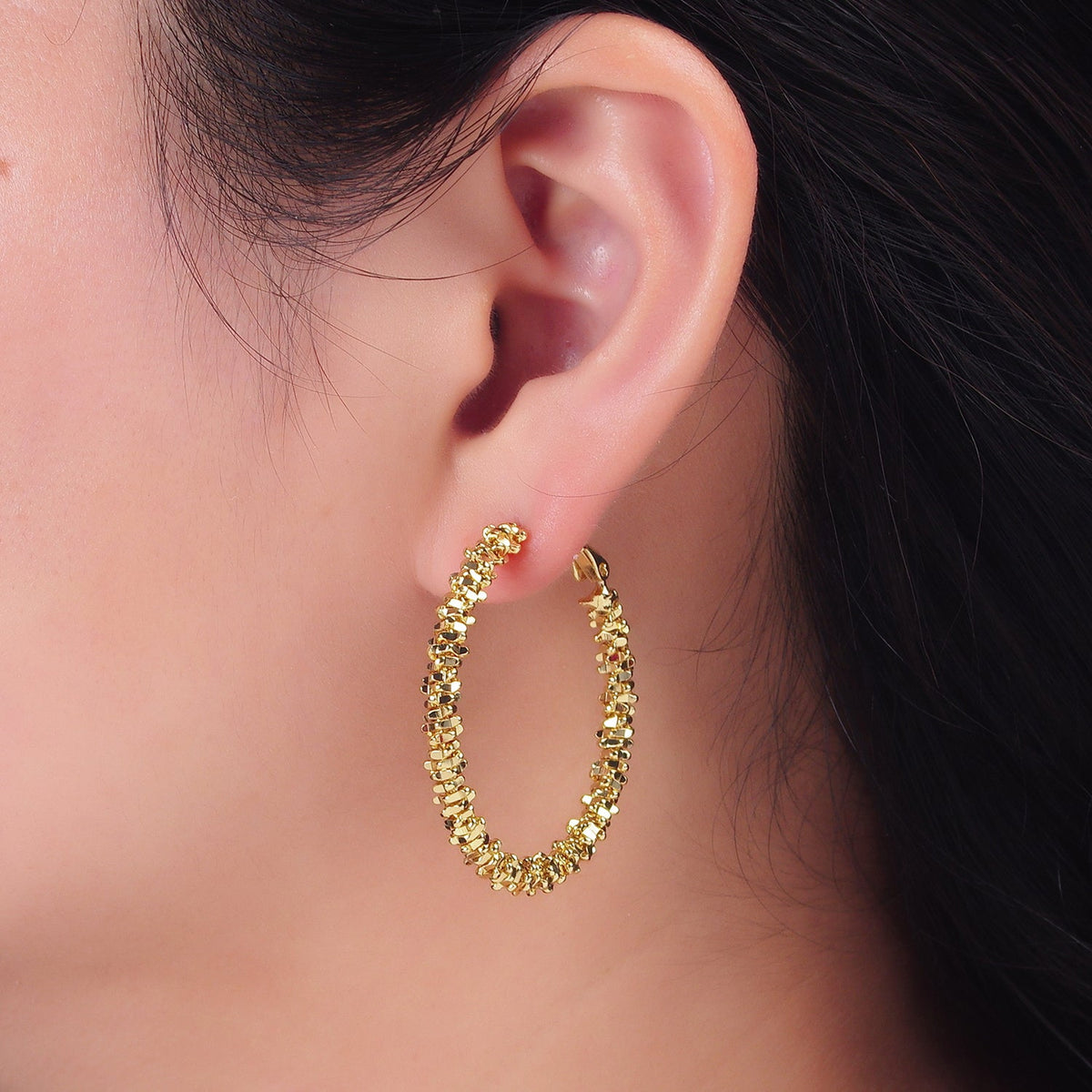 18K Gold Filled 40mm Geomatic Edged Bead Hinge Hoop Earrings | V263