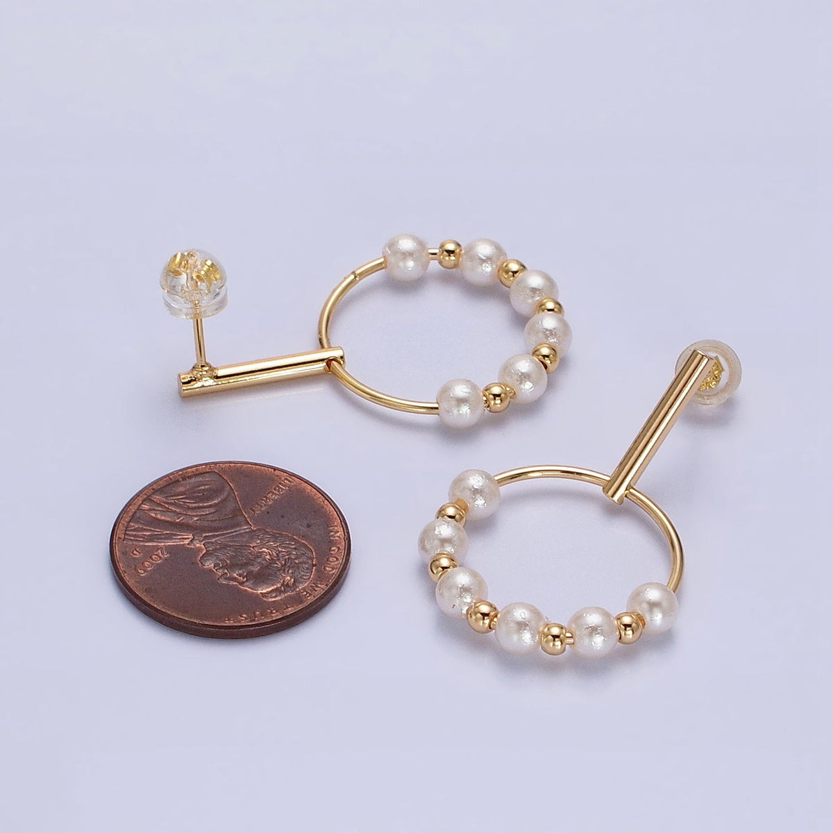 Silver, Gold Round Shell Pearl Bead Circular Drop Linear Stud Earrings | AB1098 AD784