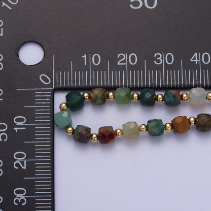 15.5 Inch Natural Moss Agate Multifaceted Cube Gemstone w. Gold Bead Choker Necklace | WA-1423 Clearance Pricing