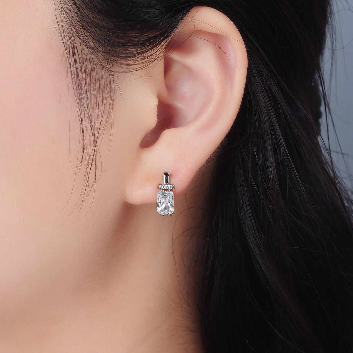 14K Gold Filled Baguette CZ Micro Paved English Lock Hoop Earrings in Gold &amp; Silver | AB1243 AB1244