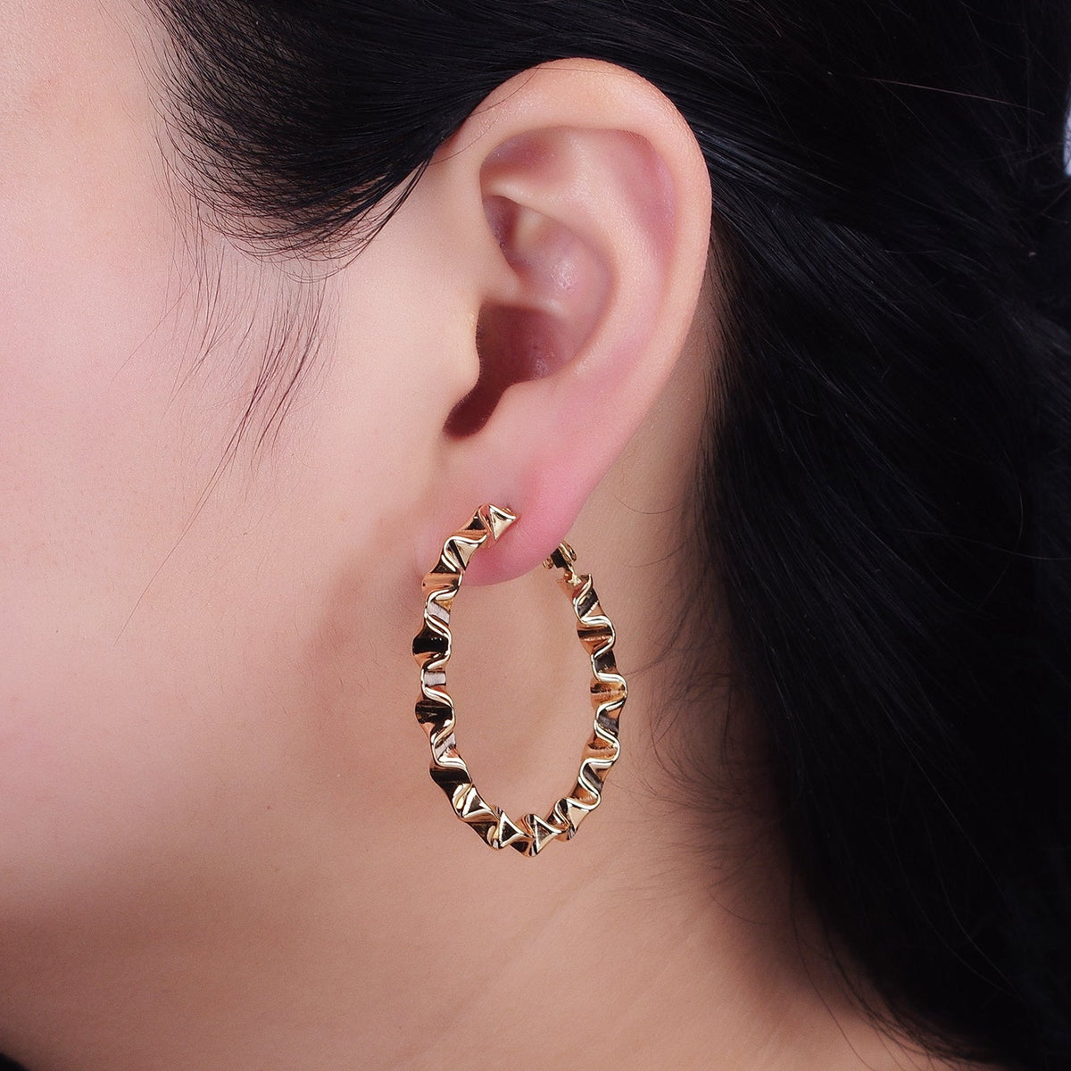 16K Gold Filled 43.5mm Geometric Wavy Foil Hinge Hoop Earrings in Gold &amp; Silver | AB1437 - AB1438