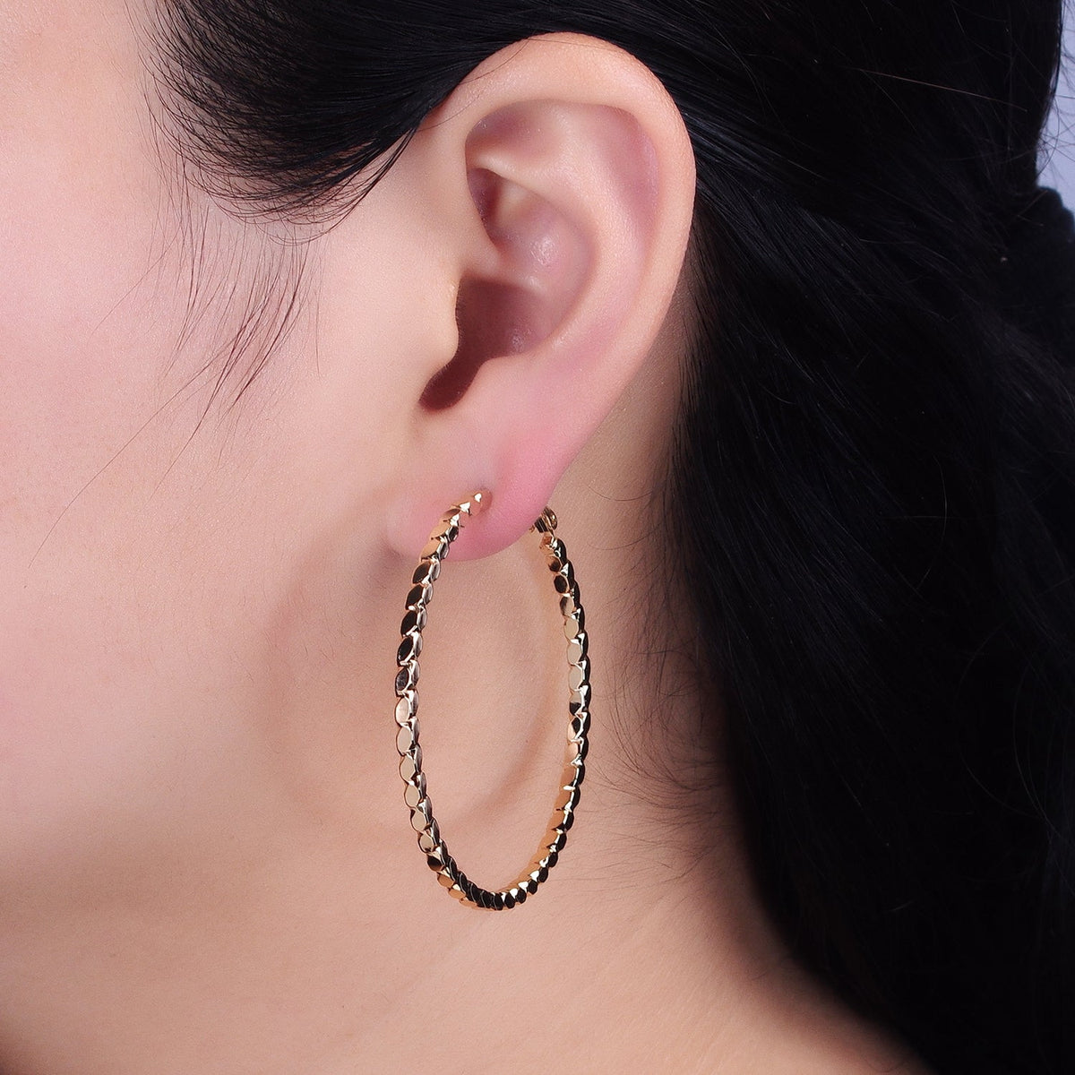 16K Gold Filled Oval Textured Geometric 40mm, 50mm Hinge Hoop Earrings in Gold &amp; Silver | AB-1559 AB-1560 AB-1435 AB-1436