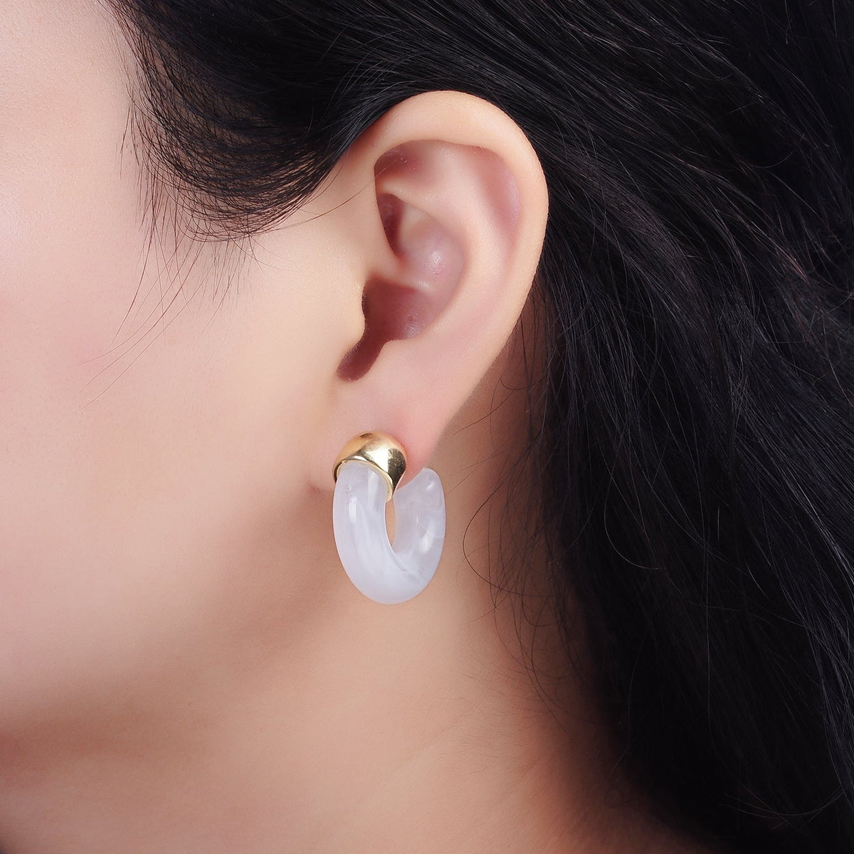 14K Gold Filled 30mm Orange, White Resin C-Shaped Hoop Earrings | AE186 AE187